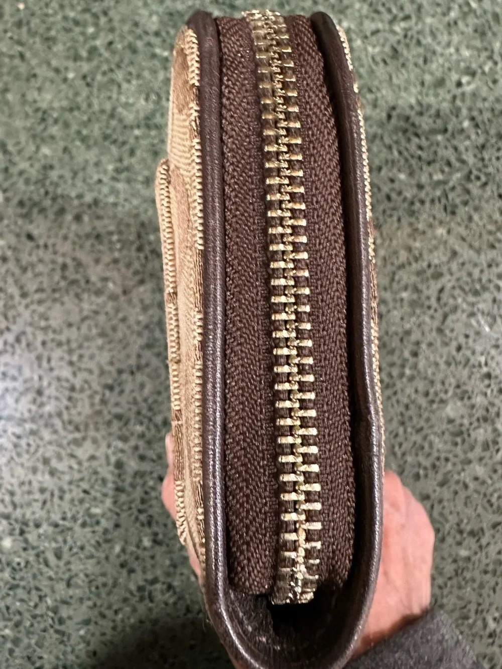 Coach Signature Canvas Zip Around Wallet Brown Tan Logo Print